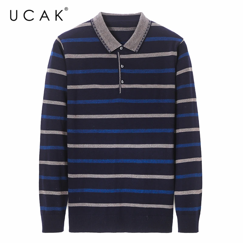 

UCAK Brand Men Sweaters 2020 Fashion Casual Striped Sweaters Man Clothes Streetwear Turn-down Collar Pullover Clothing U1059