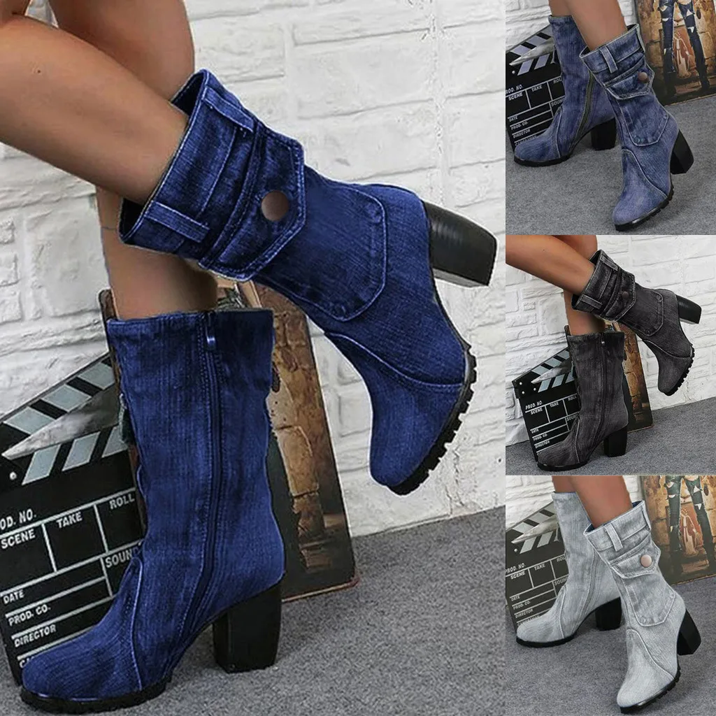 Женские пикантные джинсовые ботинки до середины икры стильные женские джинсовые ботинки на высоком каблуке на молнии женские ботинки из джинсовой ткани женская обувь ковбойская обувь г. Новинка