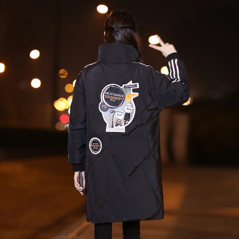 

Large Lapel down Cotton down Coat Black And White with Pattern Mid-length Straight-Cut Cotton-padded Clothes BF Harajuku-Style L