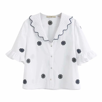

2020 Summer Women Sweet Blouses and Top Shirts Short Sleeve Floral Embroidery Shirt Tops Female Elegant Loose Spliced blusas