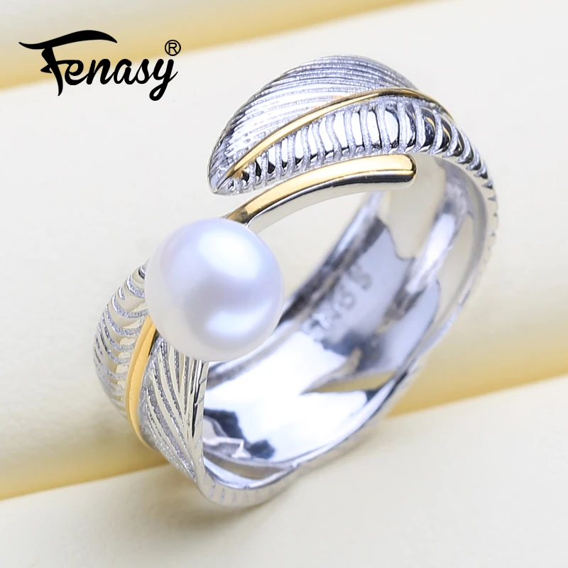 FENASY, 925 пробы, серебряное кольцо, кольца с натуральным пресноводным жемчугом для женщин, серебряное и Золотое женское кольцо в форме листа, хорошее ювелирное изделие