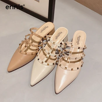 

ENNIS Brand Summer Sandals Shoes Rivet Women Genuine Leather Pumps Mules Pointed Toe Square Heel Sandals Fashion Slippers S0014