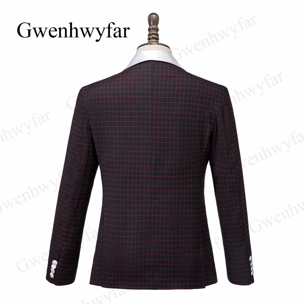 Gwenhwyfar/Смокинги с пуговицами в виде лягушки, 2 предмета, мужские свадебные костюмы Terno Masculino, приталенный Блейзер в черную и красную клетку, костюм, мужские костюмы для жениха
