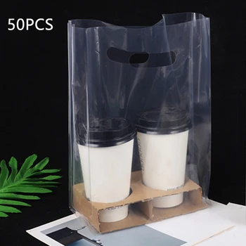 

50pcs Thicken Wear Resistant Milk Tea Takeout Bag Hand Carry Snacks With 2 Cup Holders PE Transparent Non Toxic Coffee Drinks