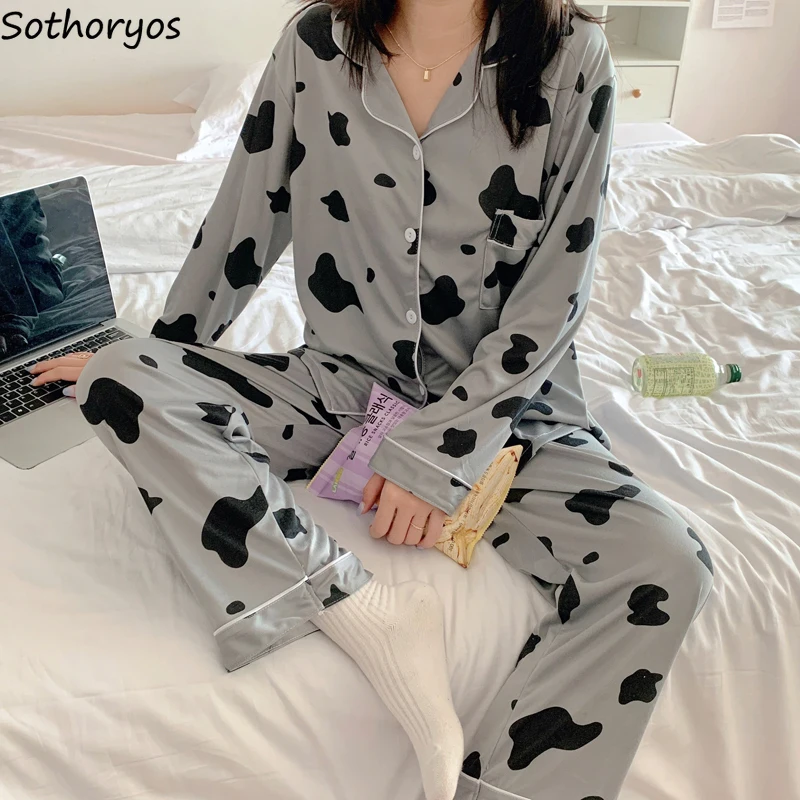 Conjunto de pijama estampado de vaca para Mujer, ropa de dormir holgada de manga larga para Primavera, estilo Harajuku, 2 unidades _ - AliExpress Mobile