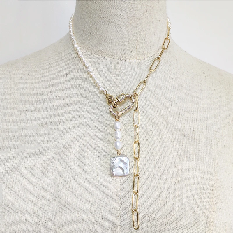 

Punk hip-hop style thick chain necklace handmade freshwater pearls gold-color chain stitching 2020 creative accessories gift