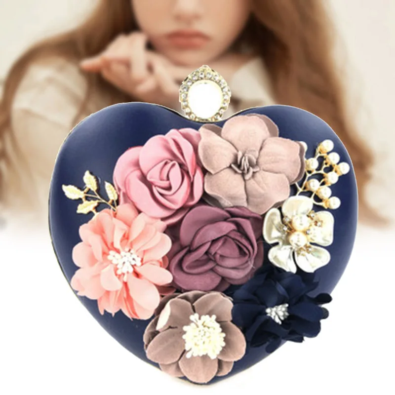 

New Flower Design Evening Bag Metallic Handle Heart Shape Purse Handbag for Party Wedding Bolsos Mujer H66