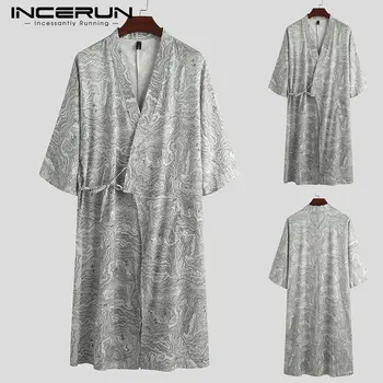 

Men Vintage Printed Robes Half Sleeve V Neck Lace Up Nightgowns Casual Kimono Nightclothes Man Soft Homewear Bathrobes Plus Size