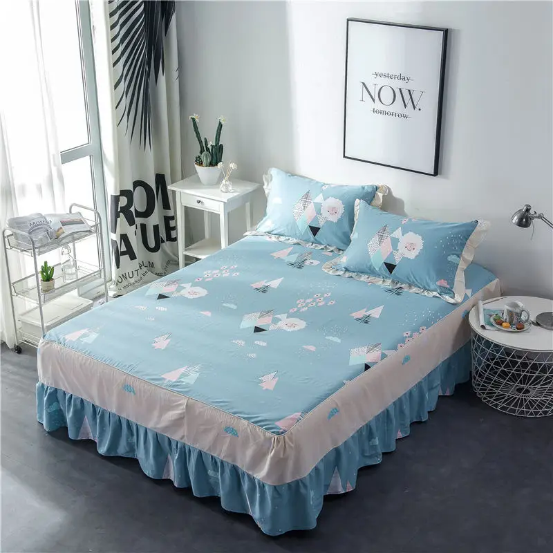 Green and white striped cotton single double bed skirt printed bed cover cartoon sheets bedding set