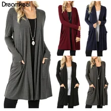 Женский кардиган, длинный рукав, высокое качество, топы, простые, Осенние, новые, женские, элегантные, с карманами, вязанная верхняя одежда, свитер, теплый, размера плюс Y