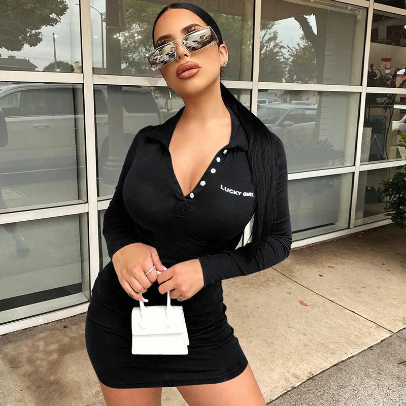 

Women Cool Polo Dress Restrained Waist One-Step Dresses Sheath Sexy Party Club Long Sleeve Autumn Fashion Package Hip Vestidos