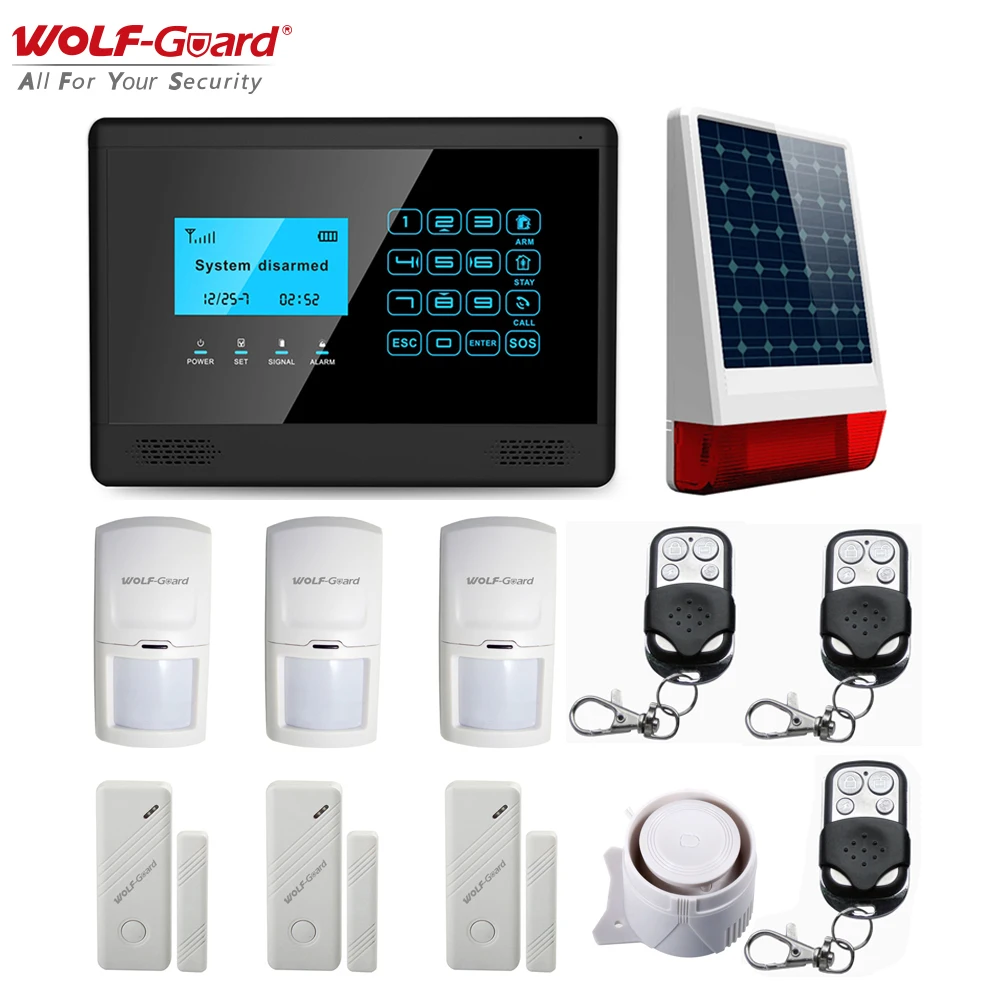 

Wolf-Guard Wireless LCD GSM SMS Home Alarm Security Burglar System Solar Siren PIR Motion Detector Door Sensor Remote Control