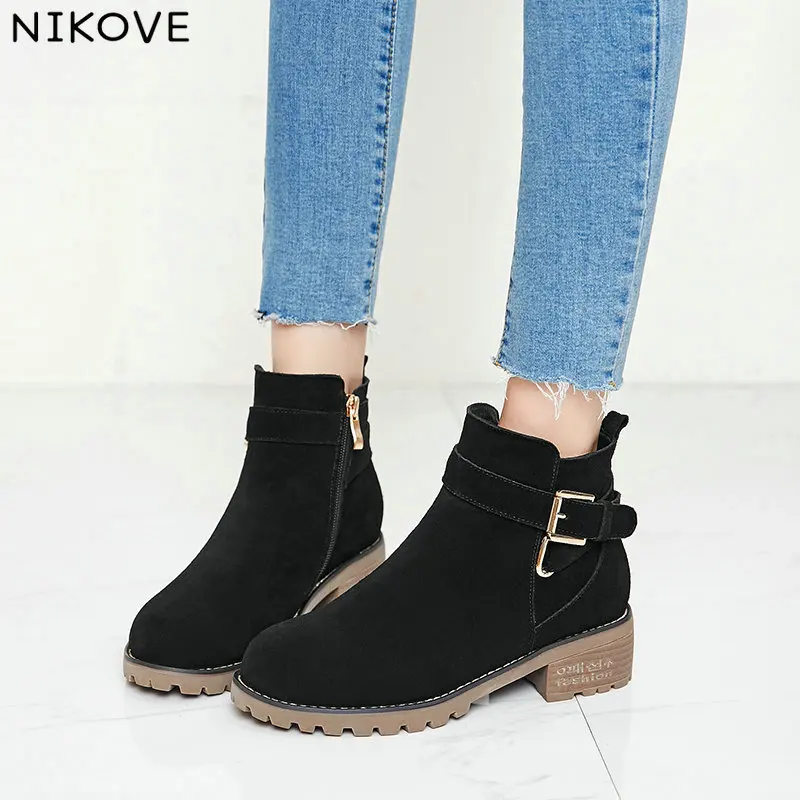 

NIKOVE 2020 Women Winter Shoes Med Heels Zip Round Toe Black Boots Elegant Basic Ankle Boots Elegant Woman Shoes Size 34-43