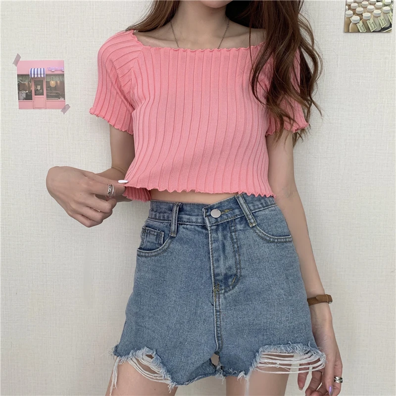 HELIAR Women Off Shoulder T-shirts Knitting Crop Tops Women Short Sleeve Cute Ruffles Hem T-shirts For Women 2021 Summer