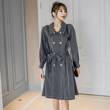

2019 Autumn Trench Coat New Long-sleeved Double-breasted Wasit Belt Temperament Coat Female Outwear Coats Knee Length