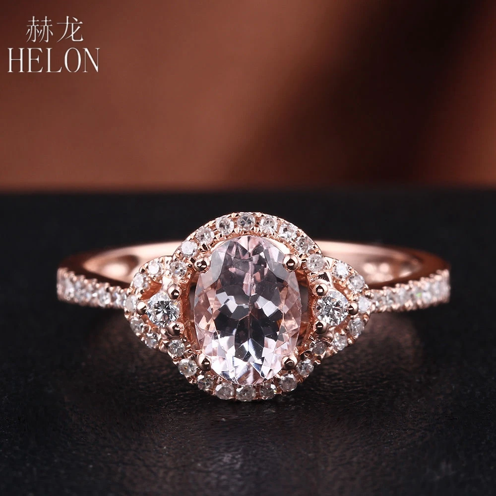 

HELON Solid 10K Rose Gold Flawless Oval 5x7mm Natural Morganite Diamond Engagement Wedding Ring Women Diamonds Fine Jewelry Gift