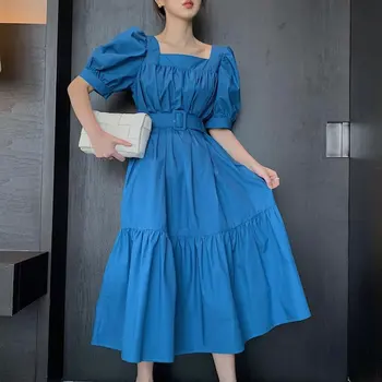 

Korean Vintage Women Solid Loose A Line Square Collar Loose Dress Puff Sleeve Sense of DesignSummer Fashion Dress