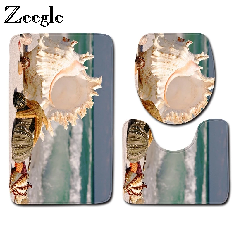Zeegle Shell с принтом, 3 шт., коврик для ванной комнаты, коврик для туалета, Нескользящие Коврики для ванной комнаты, коврик для ванной комнаты, впитывающий ковер для ванной комнаты