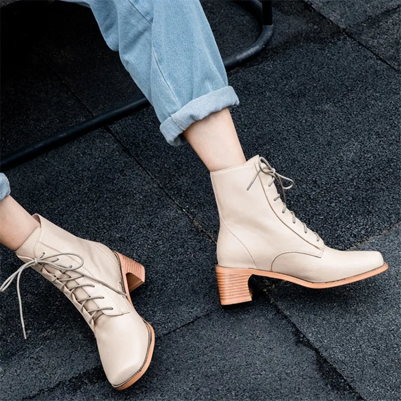 Zapatos De Mujer bottes femme; ботинки на среднем каблуке с квадратным носком; Calzado Mujer; женская обувь с перекрестной шнуровкой; осенние ботинки в стиле ретро - Цвет: leather lining