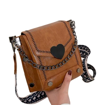 

Women PU Leather Messenger Crossbody Bag Ladies Solid Color Retro Style Shoulder Purse Satchel with Heart Buckle for Work/Travel