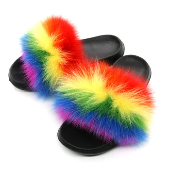 

Fluffy Flat Shoes Fox Fur Women Slippers Fur Slides Fox Hair Flip Flops Fluffy Flat Furry Woman Fur Sandals House Slippers