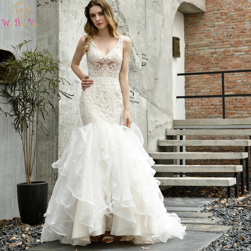 

See Though Wedding Dresses Mermaid 2020 Champagne-ivory Beaded Lace Organza Ruffles Trumpet V Neck Court Train Bridal Gowns