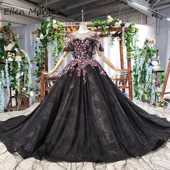 

Vestido De Novia Black Lace Wedding Dresses Elegant 2020 Vintage O Neck Applique Ruffles Tulle Formal Bridal Ball Gown For Women