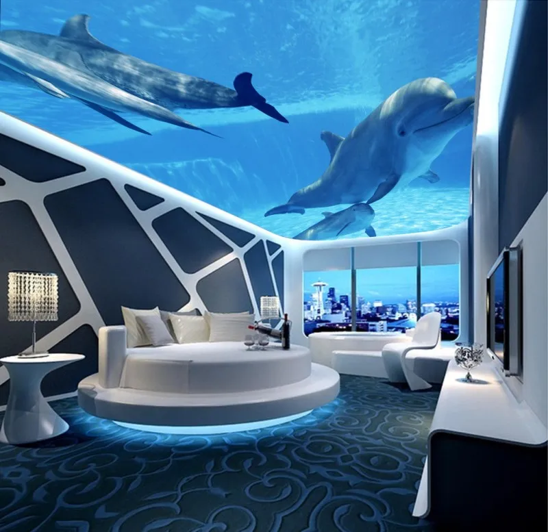 Blue fantasy underwater world dolphin ceiling ceiling decoration background wallpaper 3d ceiling