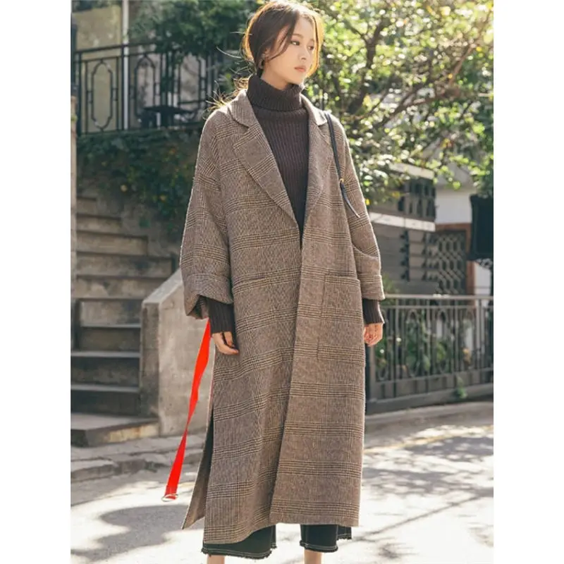 New Autumn Long Women Wool Coat Lapel Fashion Belt Slim Female Elegant Vintage Jacket Overcoat For Office Ladies Plus Size f1512