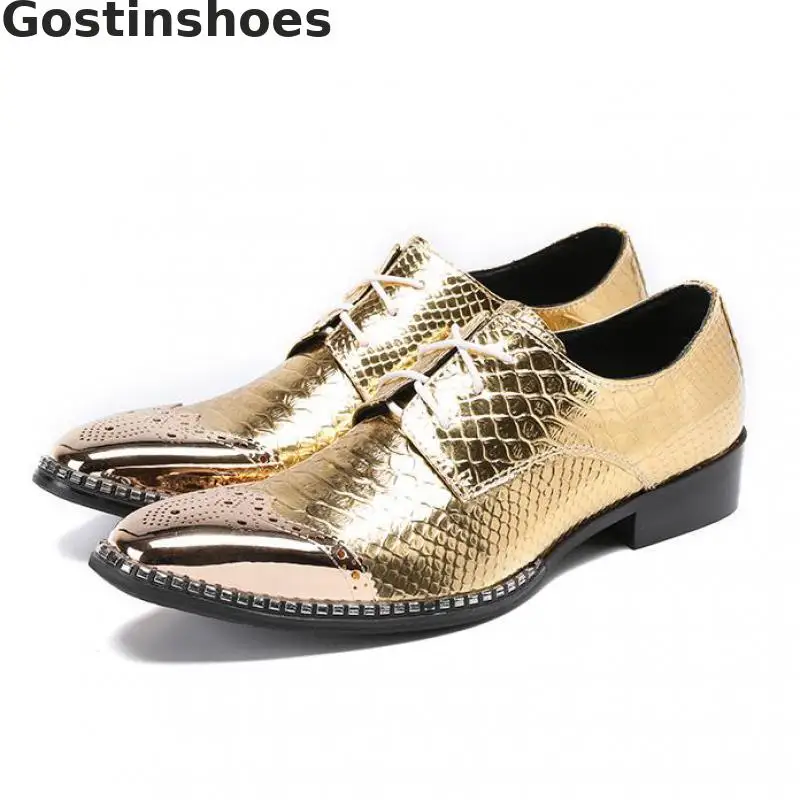 

Luxury Men Leather Shoes Golden Genuine Leather Snakeskin Pattern Printed Oxfords Shoes Golden Metal Capped Toe Casual Shoes