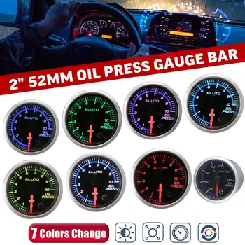 

7 Color LED Oil Pressure Gauge 0-10 Bar/0-140 PSI Black Face Universal 12V 2" 52mm Oil Press Pointer Meter with Sensor