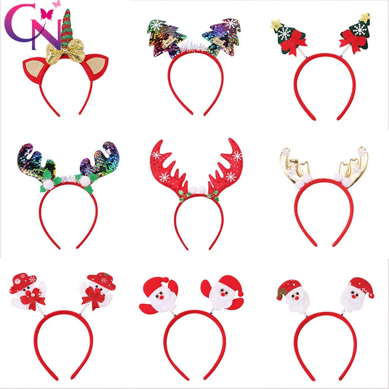 CN Glitter Christmas Hairbands For Girls Kids Cartoon Santa Claus Snowman Antler Tree Sequin Headband Party Hair Accessories