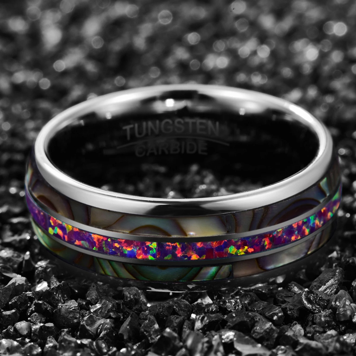 NUNCAD Tungsten Carbide Ring 8mm Wide Dome Steel Inlaid Acacia Purple Color Opal Tungsten Ring