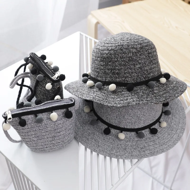

2019 Autumn Winter Girl Balls Sunhats Hat Cap Cotton Knitwear Knit Hats Sweet Princess Hat +Cute Bag Kids 2pcs Set S9839