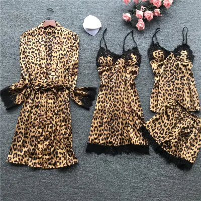 Leopard Шелковые пижамы для женщин с леопардовым принтом, пижамы, сексуальное женское белье, женские пижамные комплекты, кружевная Пижама с нагрудной накладкой, домашняя одежда, ночной костюм - Цвет: Leopard