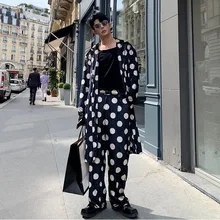 Men 2PCS Sets(jacket+pant) Male WomenVintage Streetwear Hip Hop Polka Dot Velvet Loose Casual Long Windbreaker Trench Coat