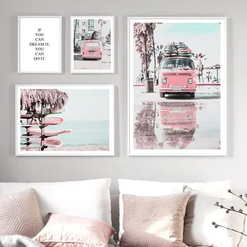 

Pink Van Pickup Beach Sea Surfboard Quote Wall Art Peinted Canvas Painting Nordic Posters Wall Pictures Living Room Decoration