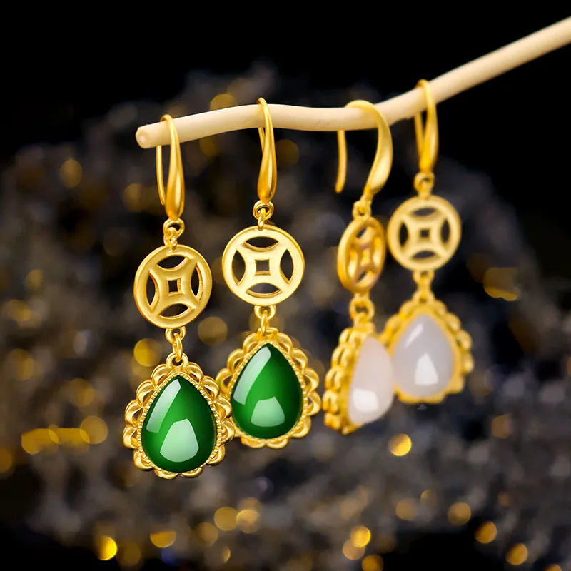 

FASHION WOMEN EARRINGS 14K GOLD DROP EARRING CHINESE STYLE CLASSIC COINS GEMSTONE EARRINGS GREEN EMERALD JADE EARRINGS FEMALE