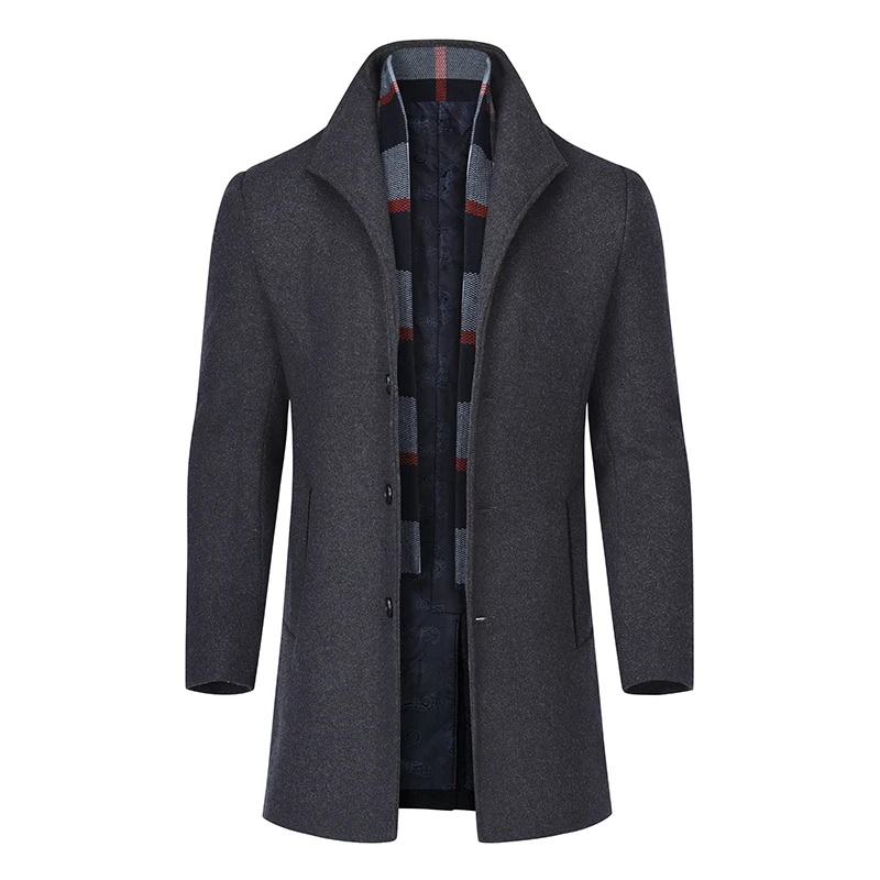 YOUTHUP зимняя мужская длинная куртка с шарфом, шерстяное однобортное пальто, верхняя одежда, мужское пальто для фитнеса, уличная одежда, M-4XL