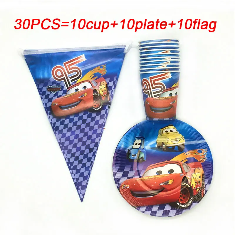 30 шт./партия, disney Lightning McQueen, тематическая чашка+ тарелка+ флаг, напечатанная Автомобильная тематическая одежда для детей на день рождения, комплекты товаров