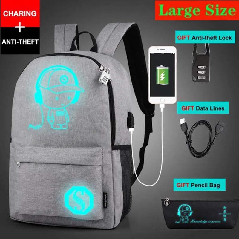 Новая сумка с защитой от воров, светящиеся школьные ранцы для мальчиков и девочек, школьный рюкзак Mochila с usb зарядным портом и замком, школьный рюкзак