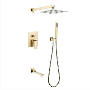 Cheap Brass Brushed Gold Square Rain Shower Set Faucet Wall Mounted Shower Arm Diverter Mixer Tap Handheld Spray Set