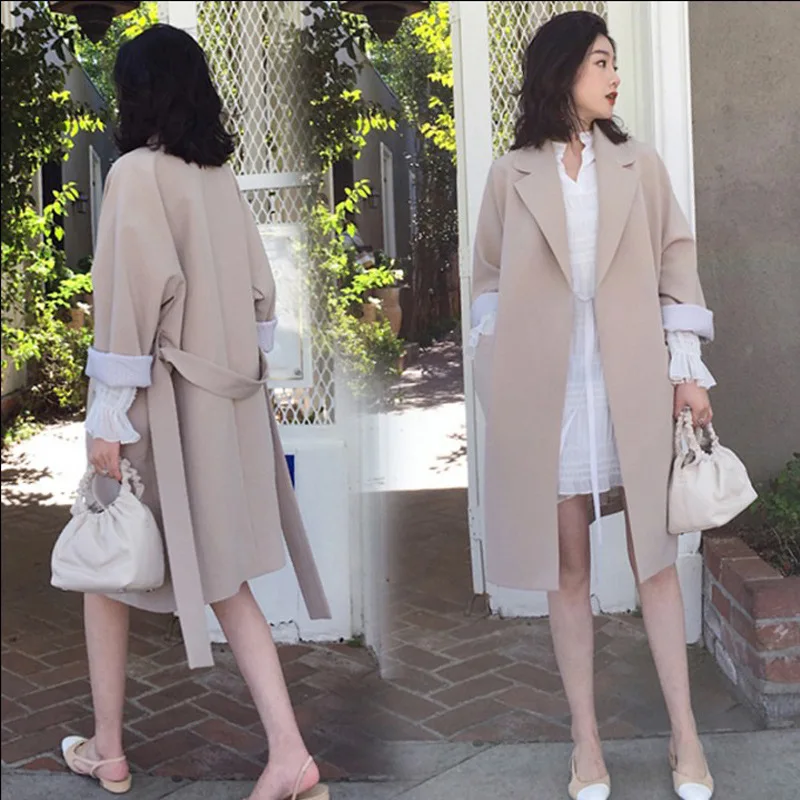 light khaki FOLOBE осень простая длинная Кофта свободного кроя Блейзер воротник открытый стежок женский модный Тренч Женский Winterbreaker - Цвет: light khaki