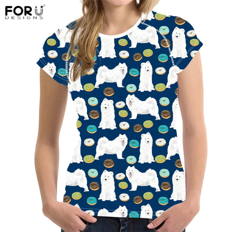 FORUDESIGNS Kawaii Samoyed щенок печатная Футболка для женщин Летняя женская футболка с