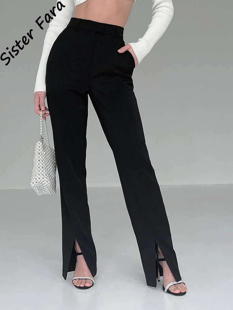 capri dress Sister Fara Chic Slim Split Flare Pants Women Spring High Waist Button Full Length Pants Autumn Ladies All-match Casual Trousers black ripped jeans