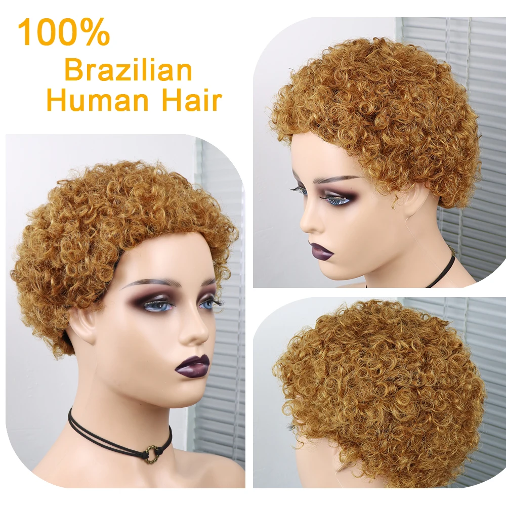 Short Curly Hair Wigs Pixie Cut Brazilian Human Hair For Black Women Natural Black 150% Density Glueless Afro Kinky Curly Wig