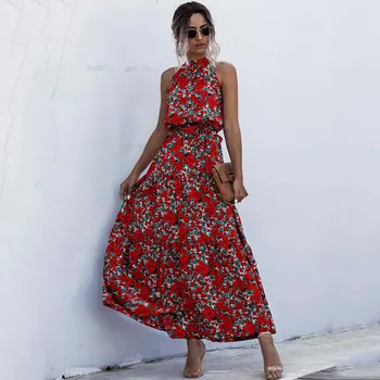 

Summer Floral Maxi Dress Polka Dot Women Long Red Dress Elegant Flower Party Vestidos Dot Boho Bohemian Maxi Dresses For Women