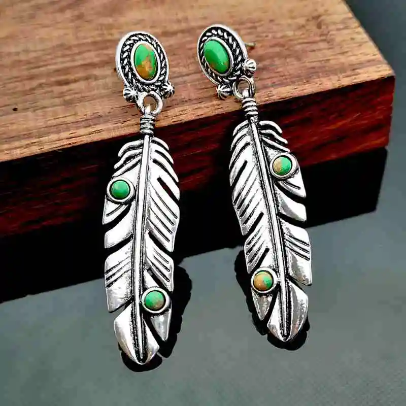 Tisonliz Vintage Silver Green Stone Feather Drop Earrings For Women Dangle Retro Jewelries Accessories Pendant Bijoux | Украшения и