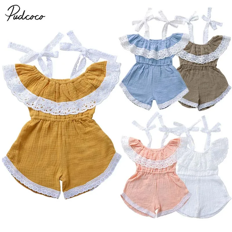 

2020 Baby Summer Clothing Newborn Infant Baby Girl Lace Clothes Strap Romper Off Shoulder Jumpsuit Strap One Piece Outfit