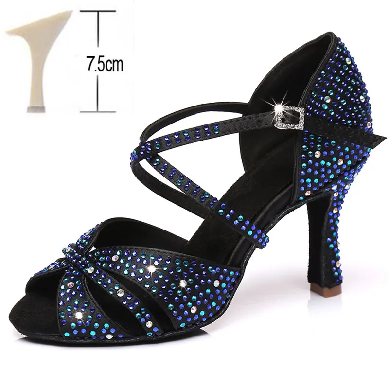 Blue 7.5 CM HROYL, новинка, женская обувь для латинских танцев, женские сандалии для сальсы, атлас+ стразы, женские бальные туфли для танго самбы, сексуальные вечерние туфли на каблуке 6-10 см - Цвет: Blue 7.5 CM